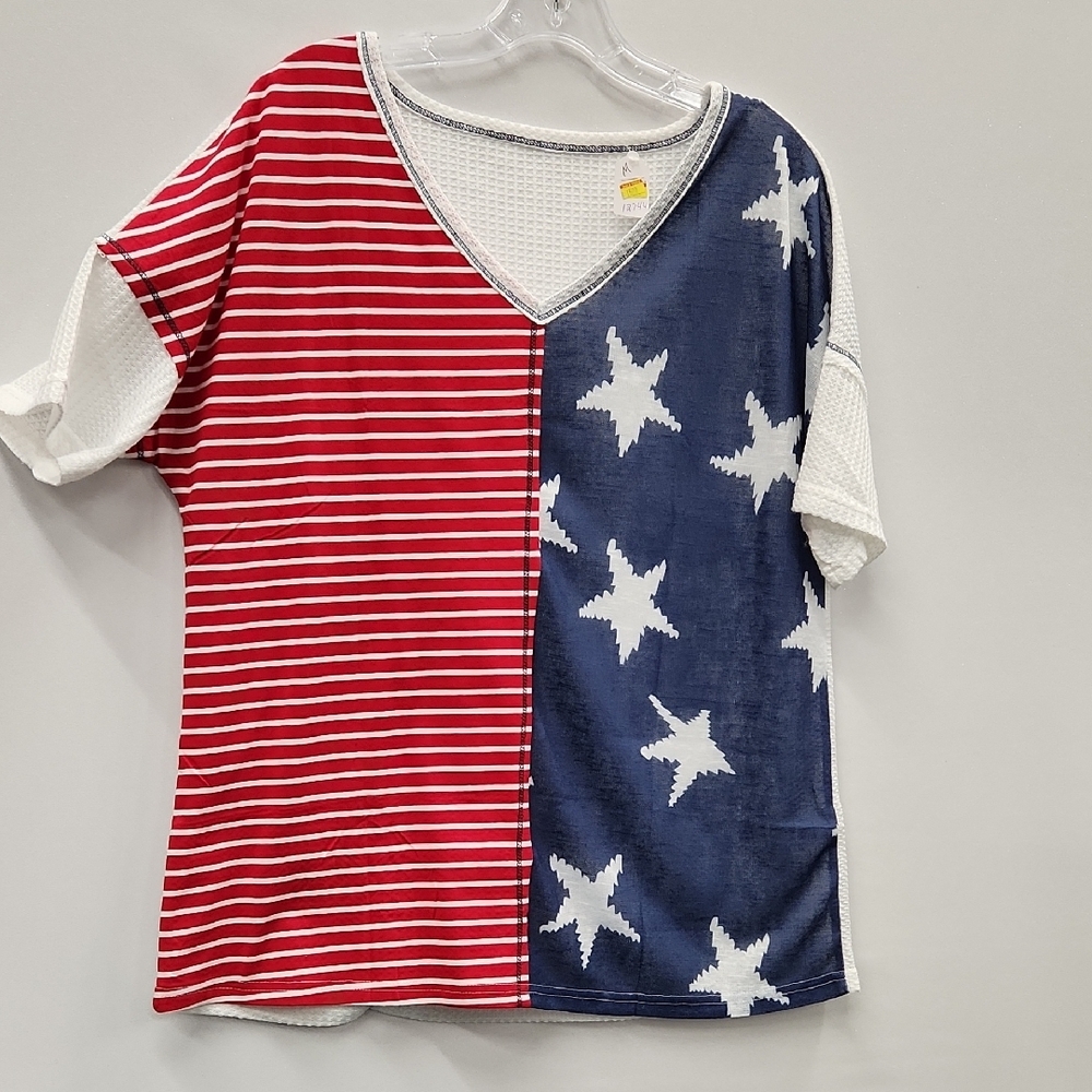 Red and Blue Star Striped V-Neck Top